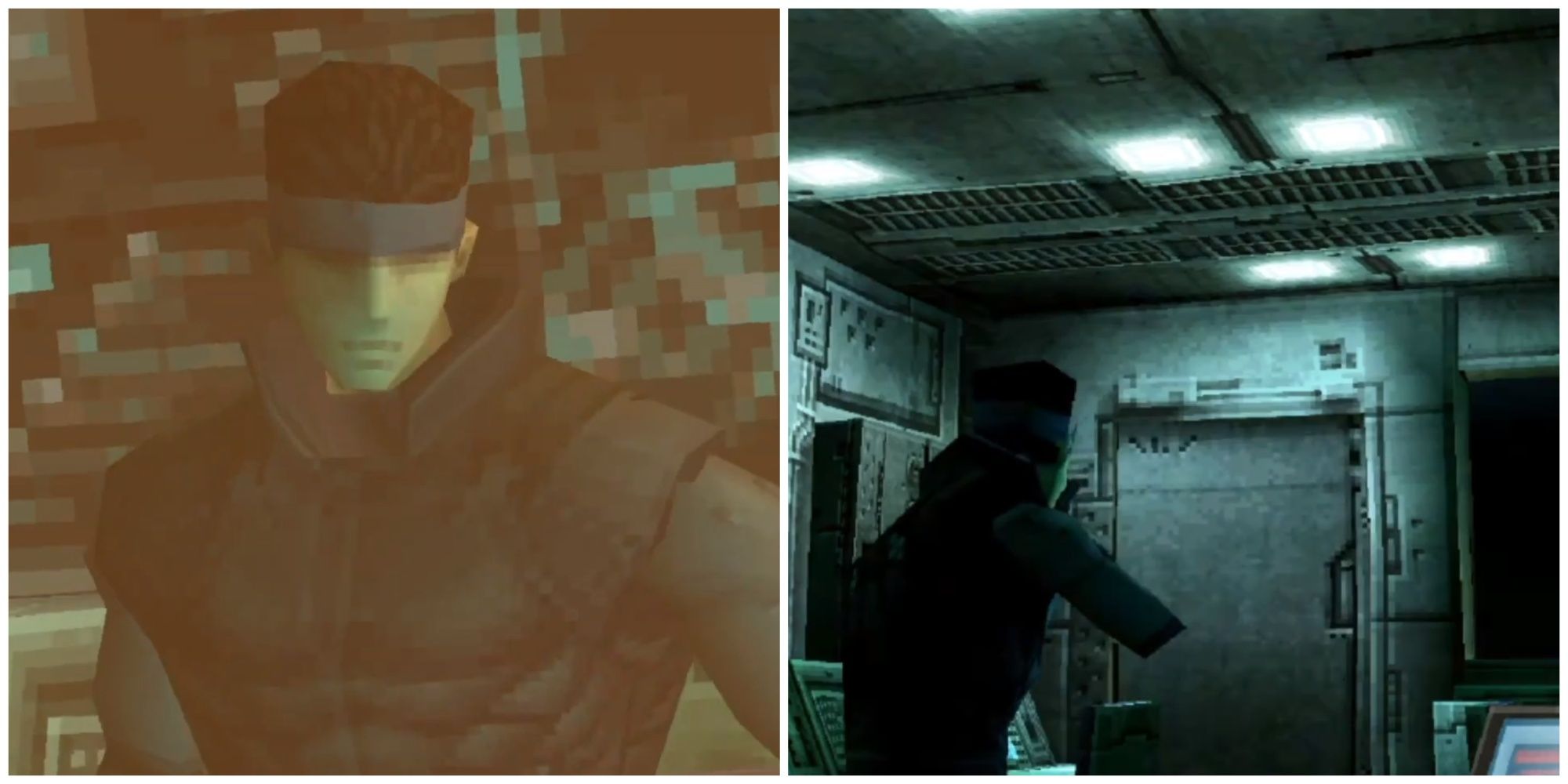Split image of Solid Snake inside the command room before it fills up with gas in Metal Gear Solid