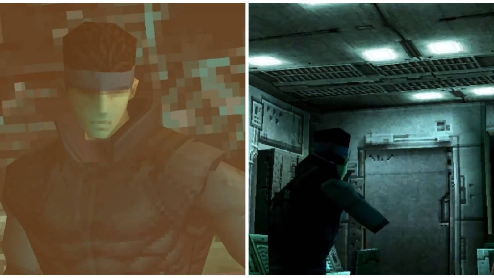 Split image of Solid Snake inside the command room before it fills up with gas in Metal Gear Solid