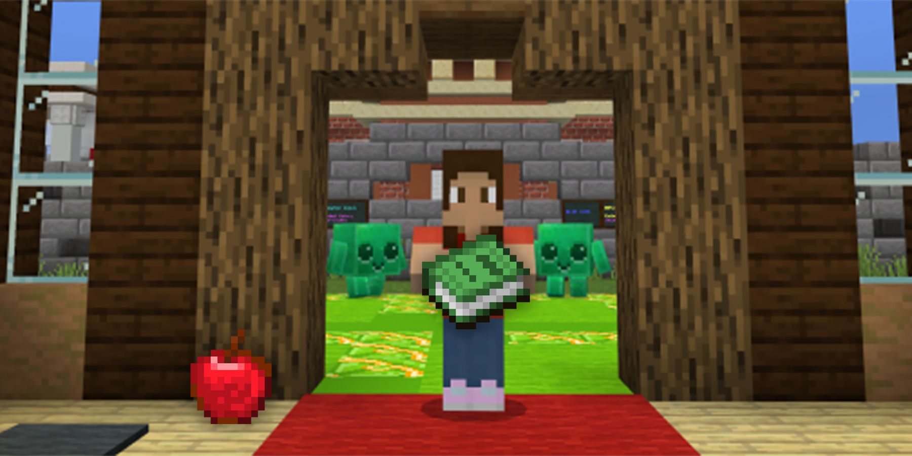 minecraft school with apple and book