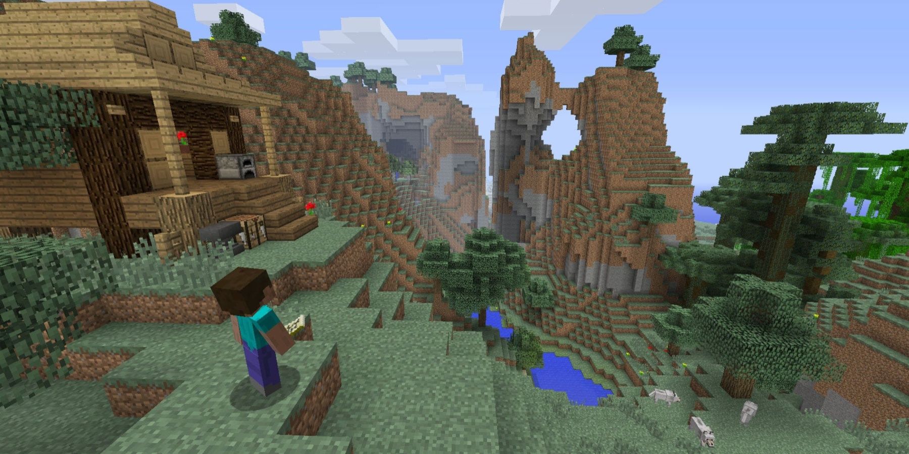 Minecraft Steve looking out from his house at the world in Minecraft