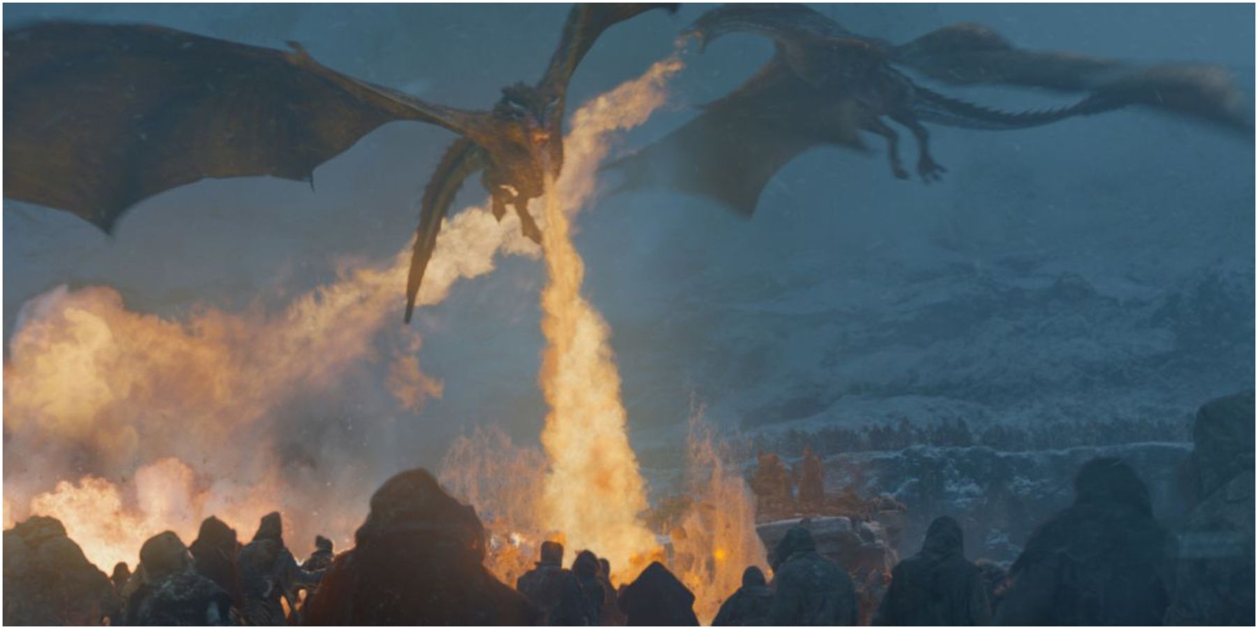 Daenerys' dragons set fire to Wights Beyond the Wall in Game of Thrones.