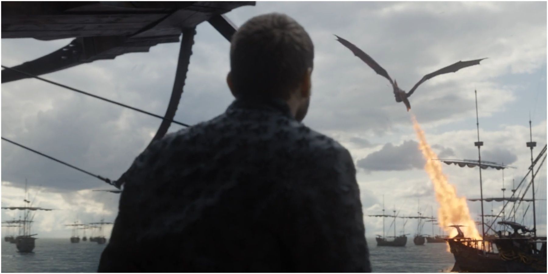 Euron Greyjoy watches Drogon destroy the Iron Fleet in Game of Thrones.