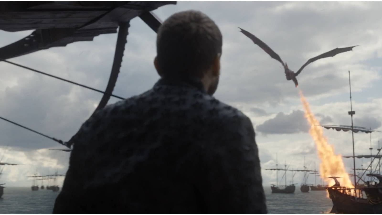 Euron Greyjoy watches Drogon destroy the Iron Fleet in Game of Thrones.
