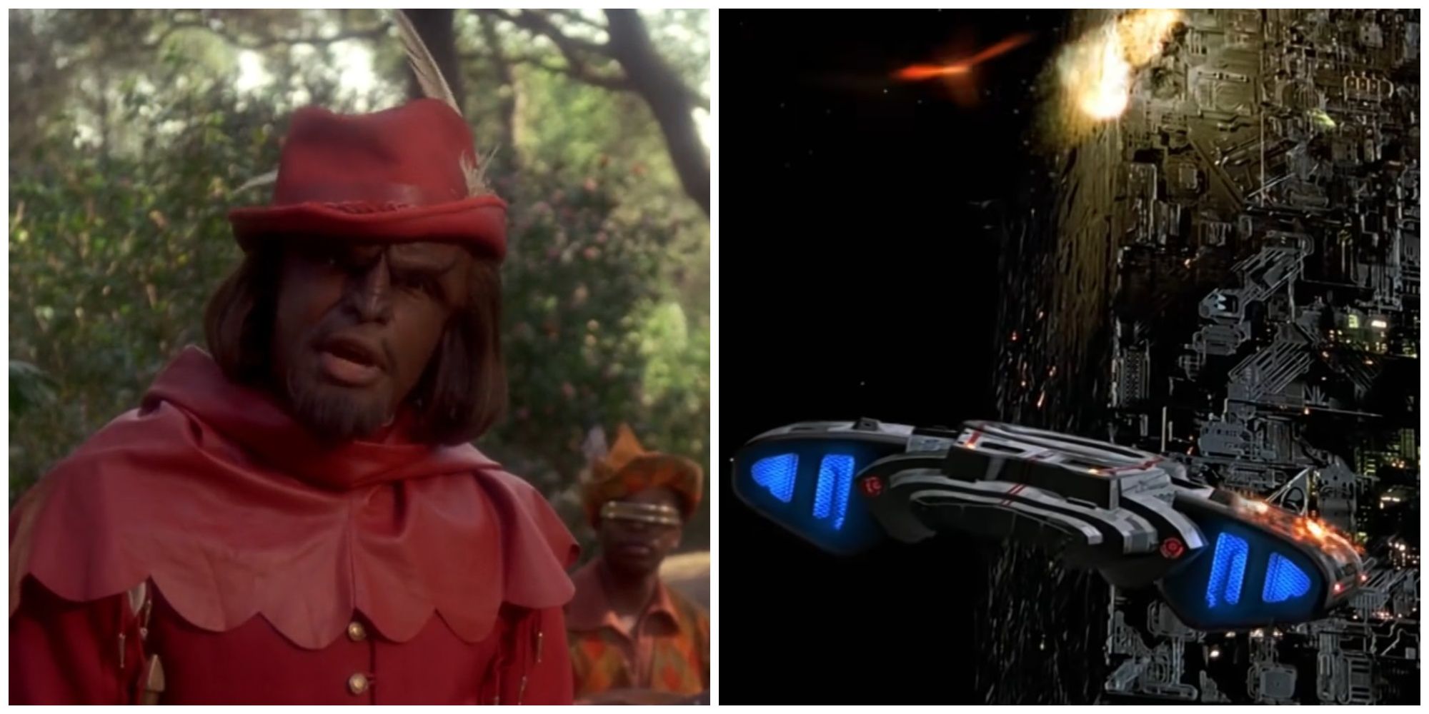 Split image showing Worf dressed as a merry man and the USS Defiant.