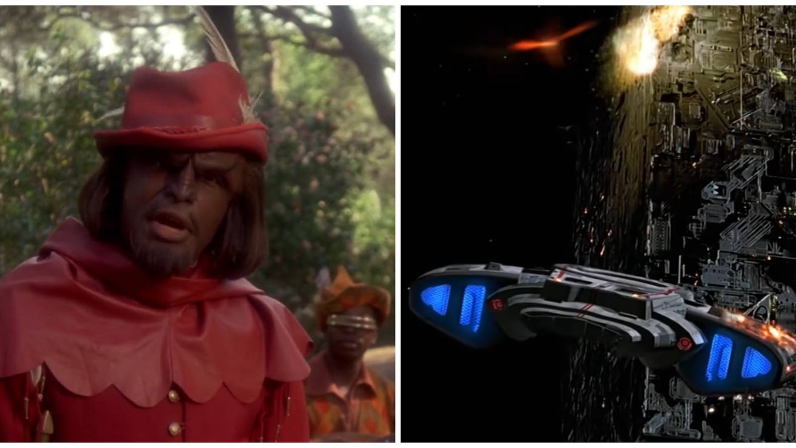 Split image showing Worf dressed as a merry man and the USS Defiant.