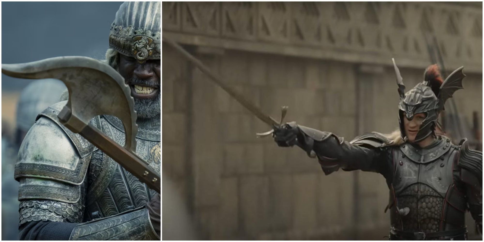 Split image of Corlys Velaryon's battle axe and Daemon Targaryen's Dark Sister in House of the Dragon.