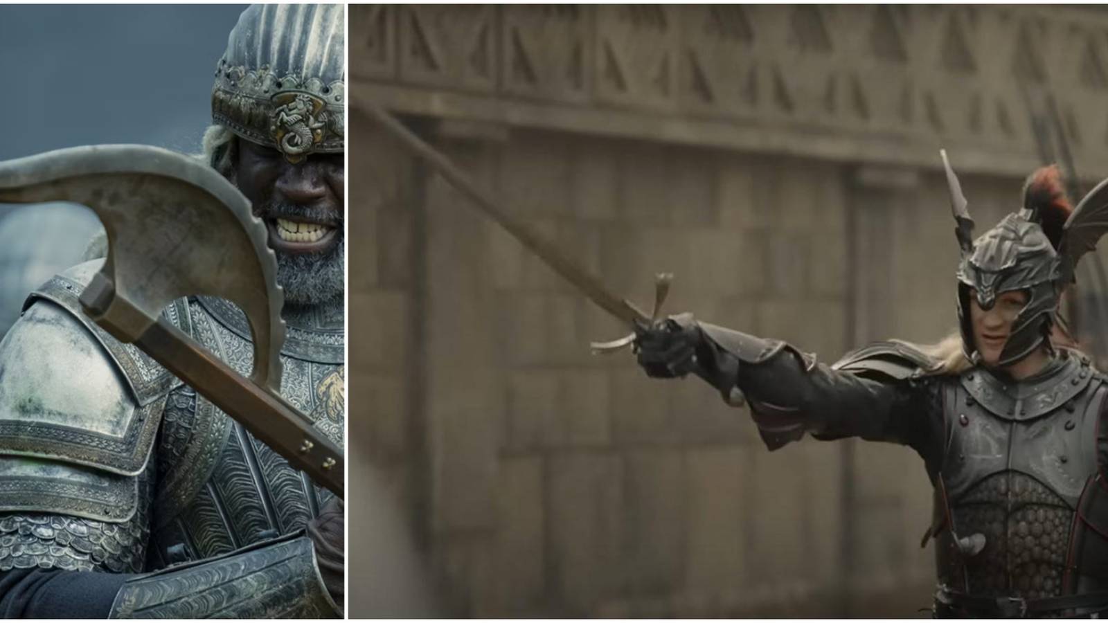 Split image of Corlys Velaryon's battle axe and Daemon Targaryen's Dark Sister in House of the Dragon.
