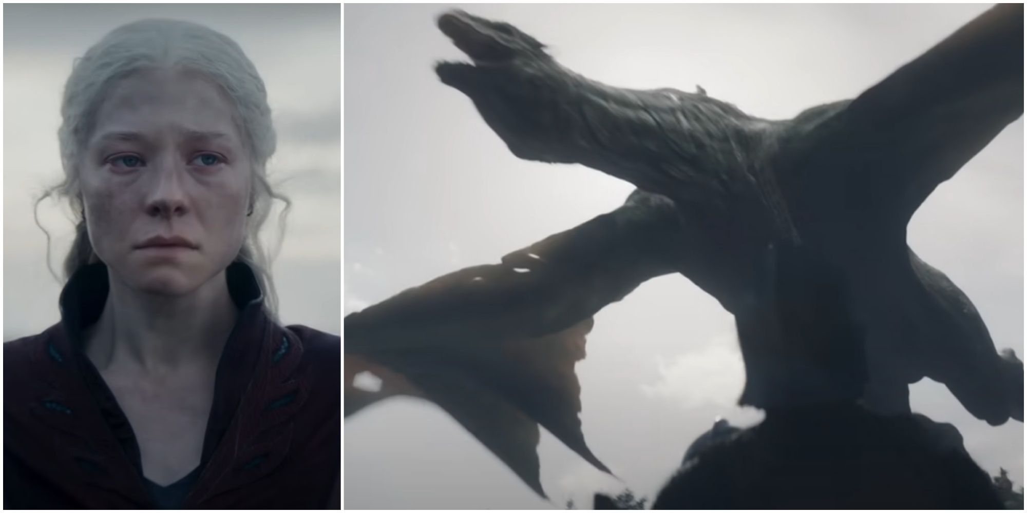 Split image of Rhaenyra Targaryen and Vhagar in House of the Dragon Season 2 trailer.