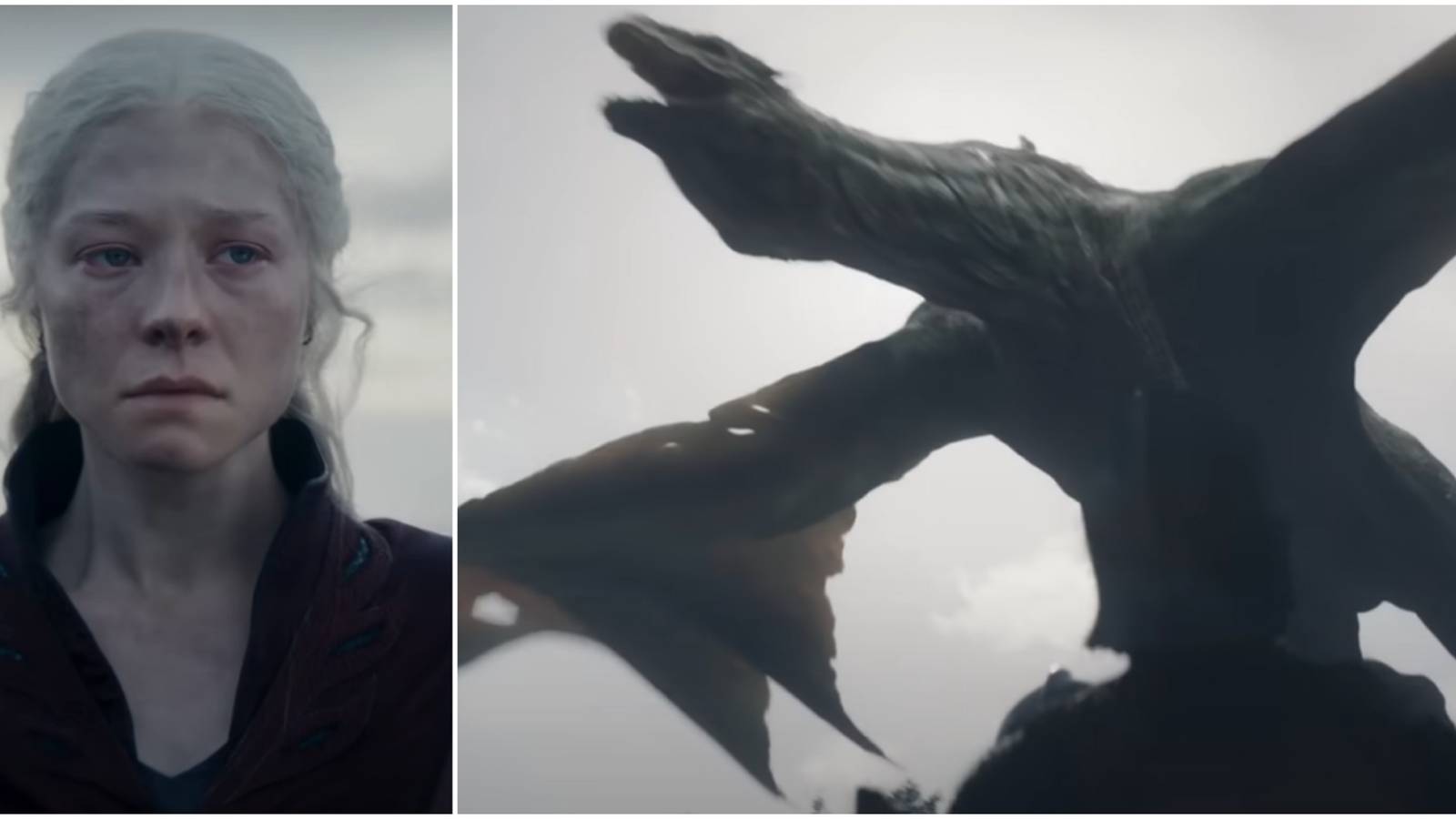 Split image of Rhaenyra Targaryen and Vhagar in House of the Dragon Season 2 trailer.