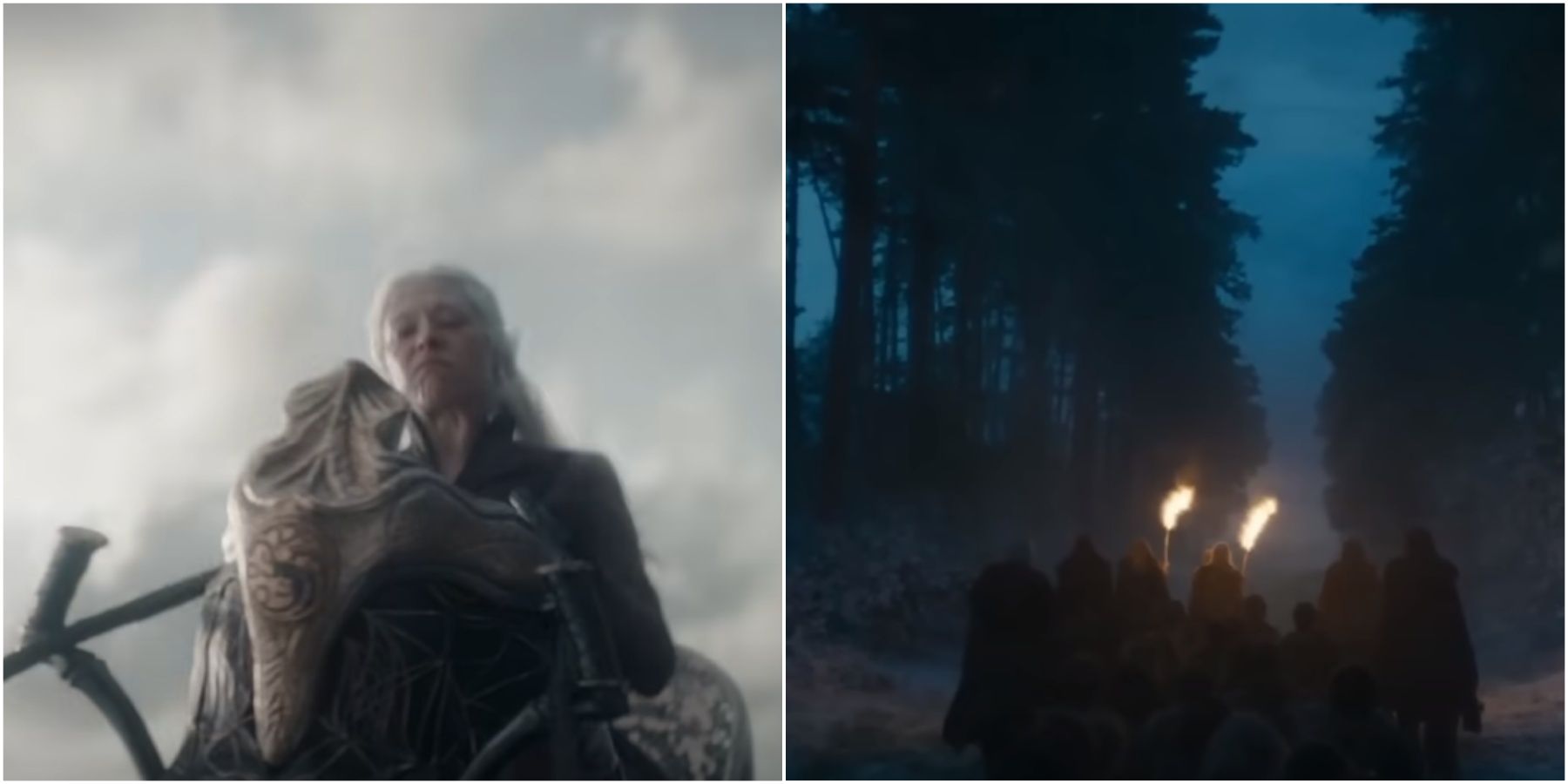 Split images of Rhaenyra on Syrax and men in the North in House of the Dragon Season 2 teaser trailer.