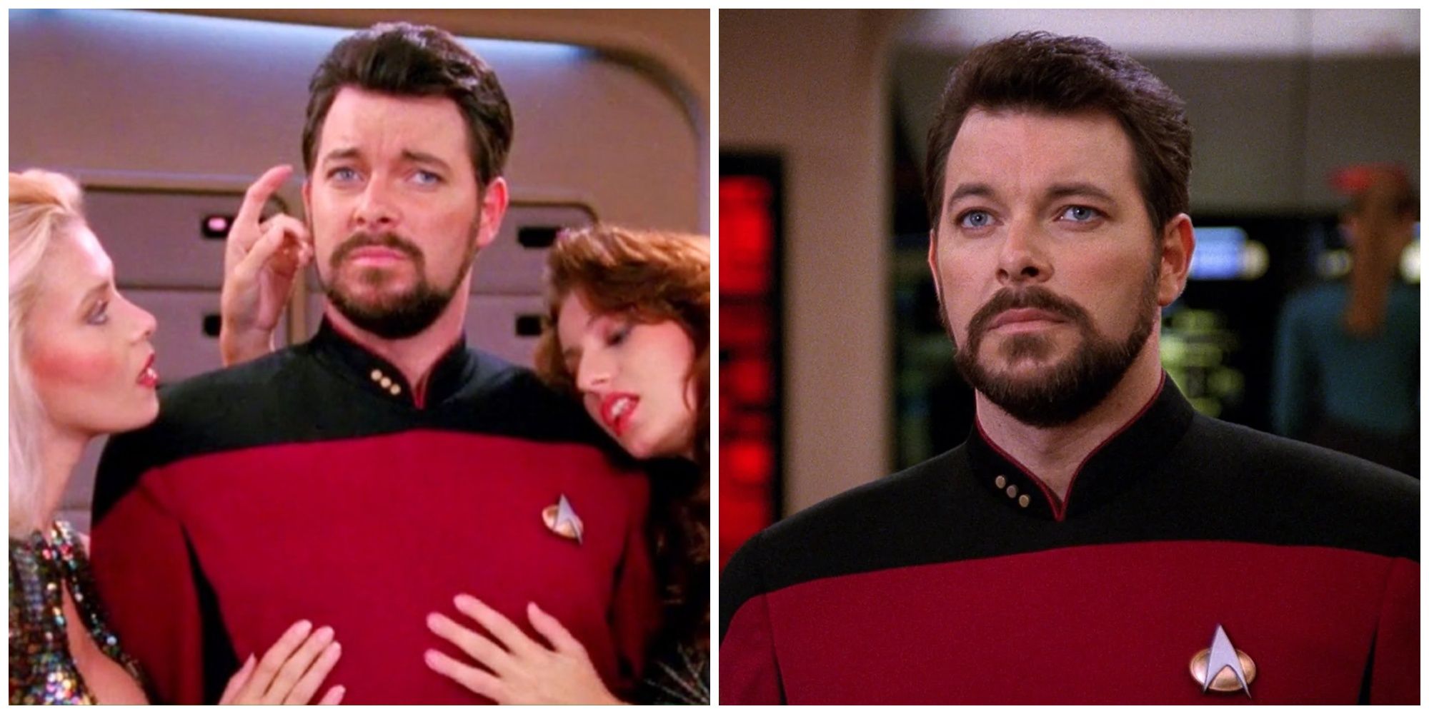 Imagem dividida mostrando Riker em Star Trek: The Next Generation.