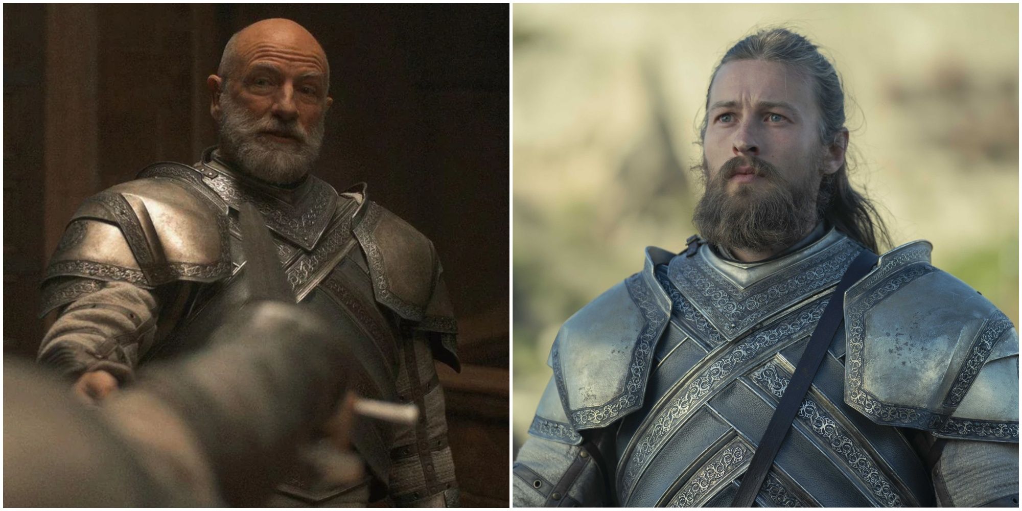Split image of Ser Harrold Westerling and Ser Erryk Cargyll House of the Dragon.