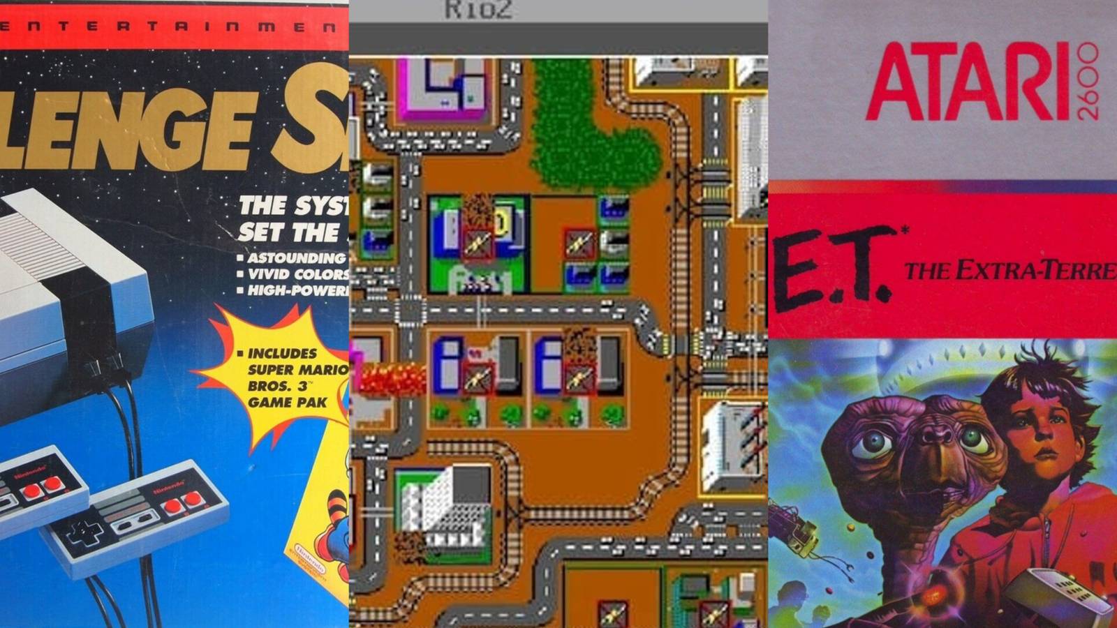 a collage of the nes box, simcity 1989 and e.t. for atari