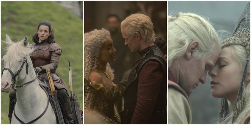 Daemon's wives Rhea Royce, Lady Laena Velaryon, and Rhaenyra Targaryen in House of the Dragon.