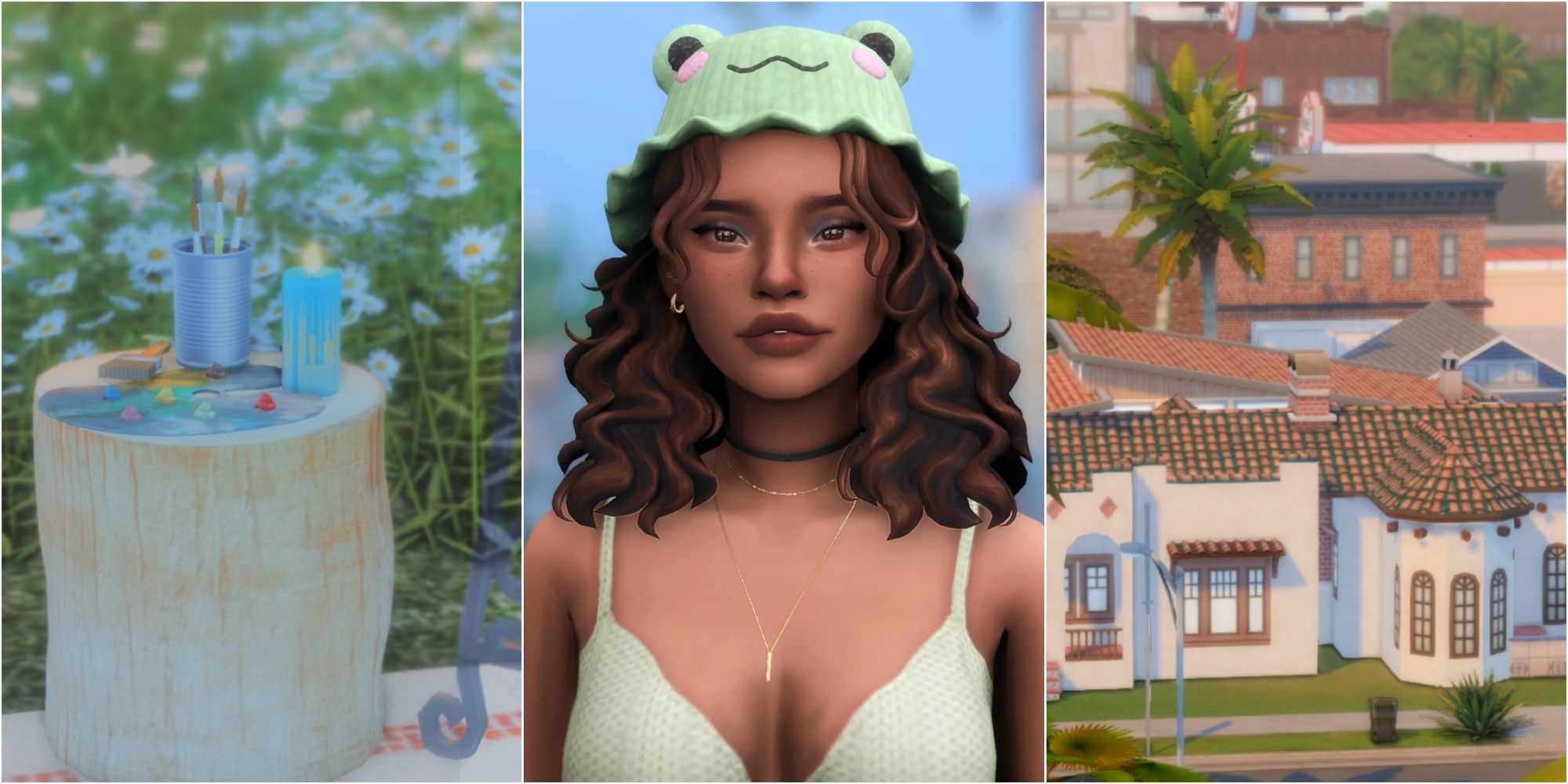 A picnic in the park, a girl wearing a frog hat, a mansion