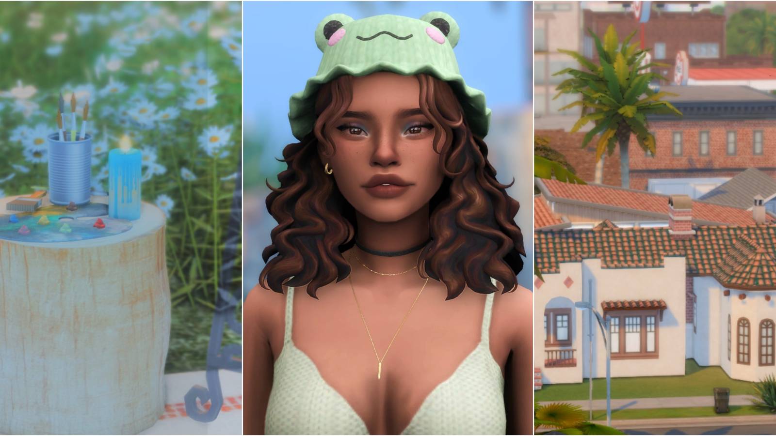 A picnic in the park, a girl wearing a frog hat, a mansion
