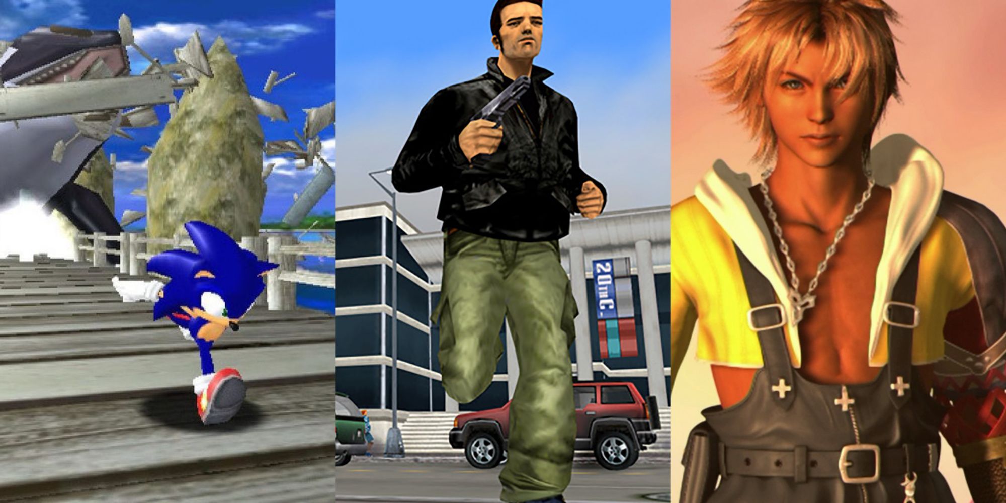 collage of sonic adventure, gta 3 and final fantasy x