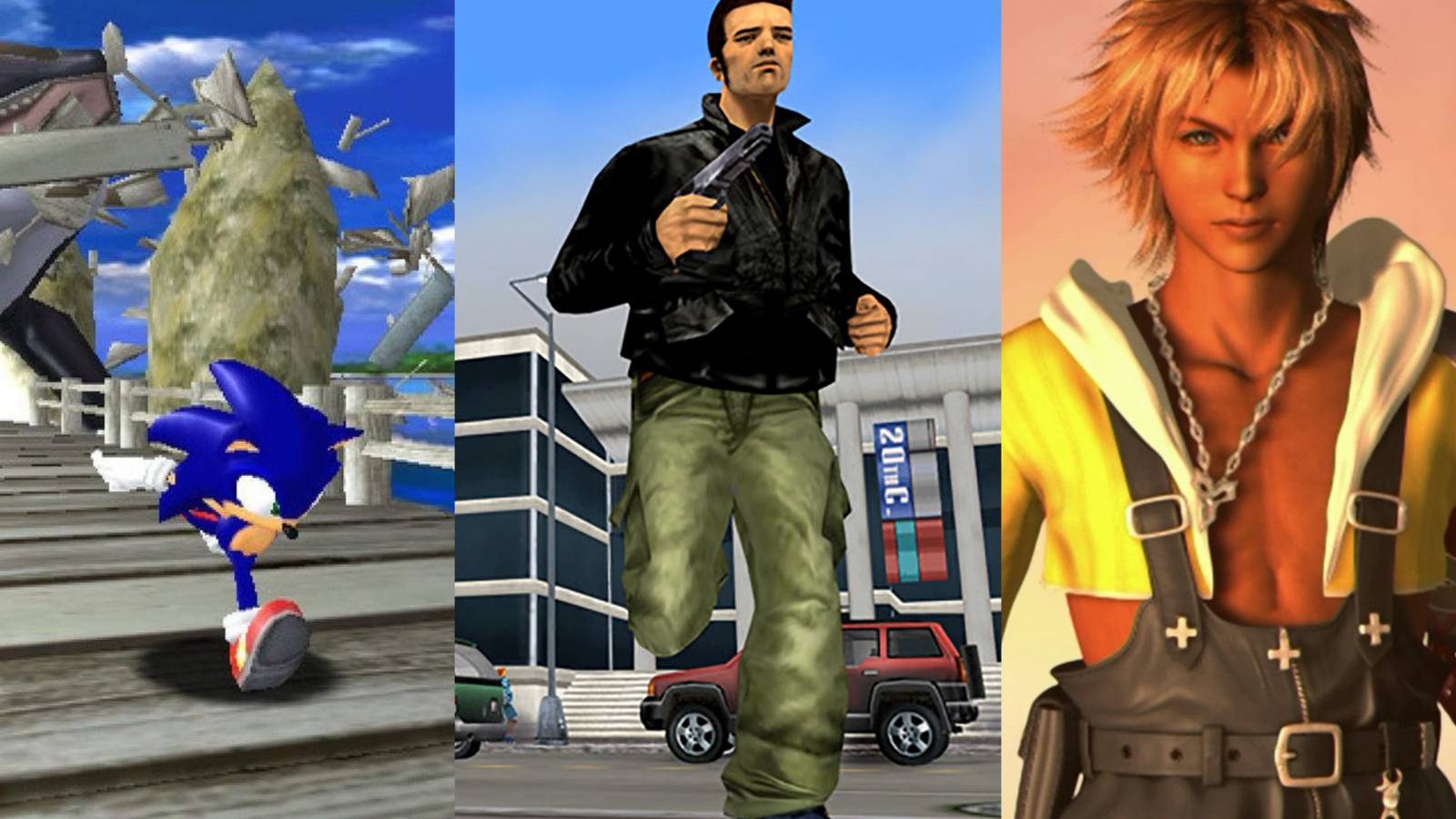 collage of sonic adventure, gta 3 and final fantasy x