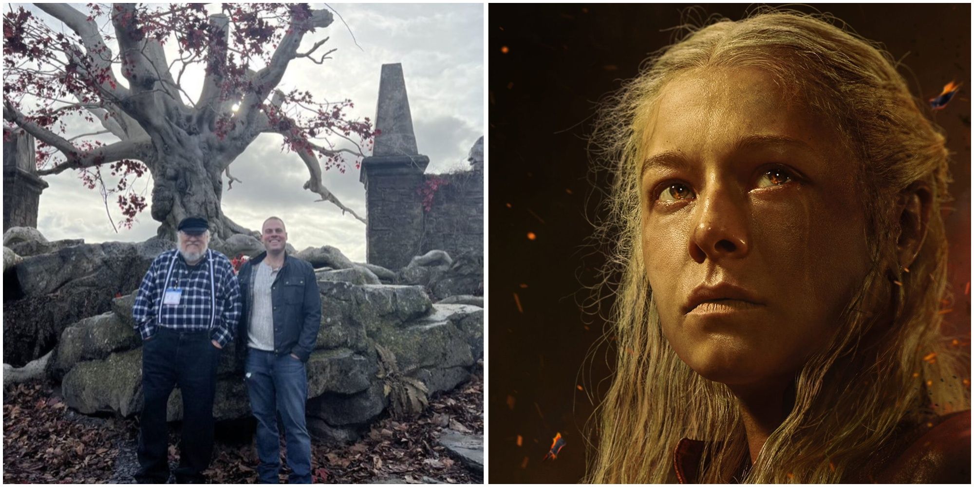 Split images of George R.R. Martin and Ryan Condal on the House of the Dragon set and Rhaenyra Targaryen from the season 2 poster. 