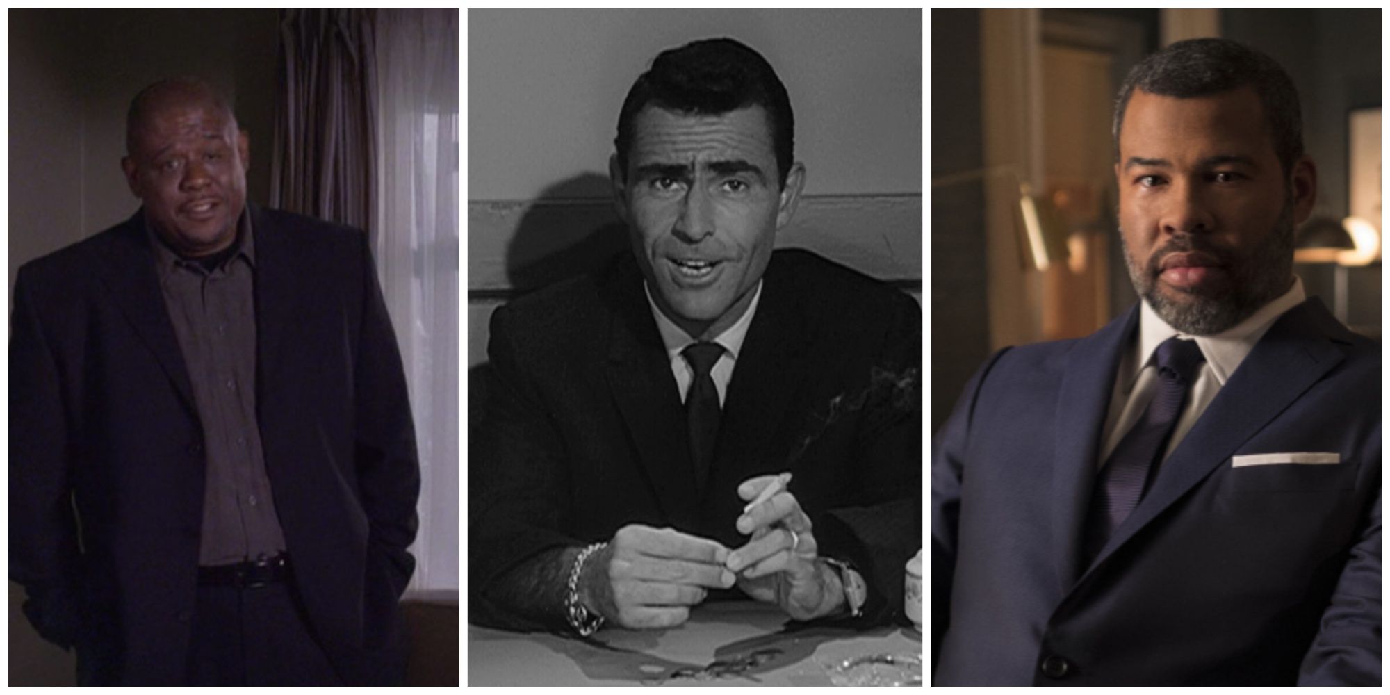 Split image showing the hosts of three versions of The Twilight Zone (Forest Whitaker, Rod Serling, and Jordan Peele).