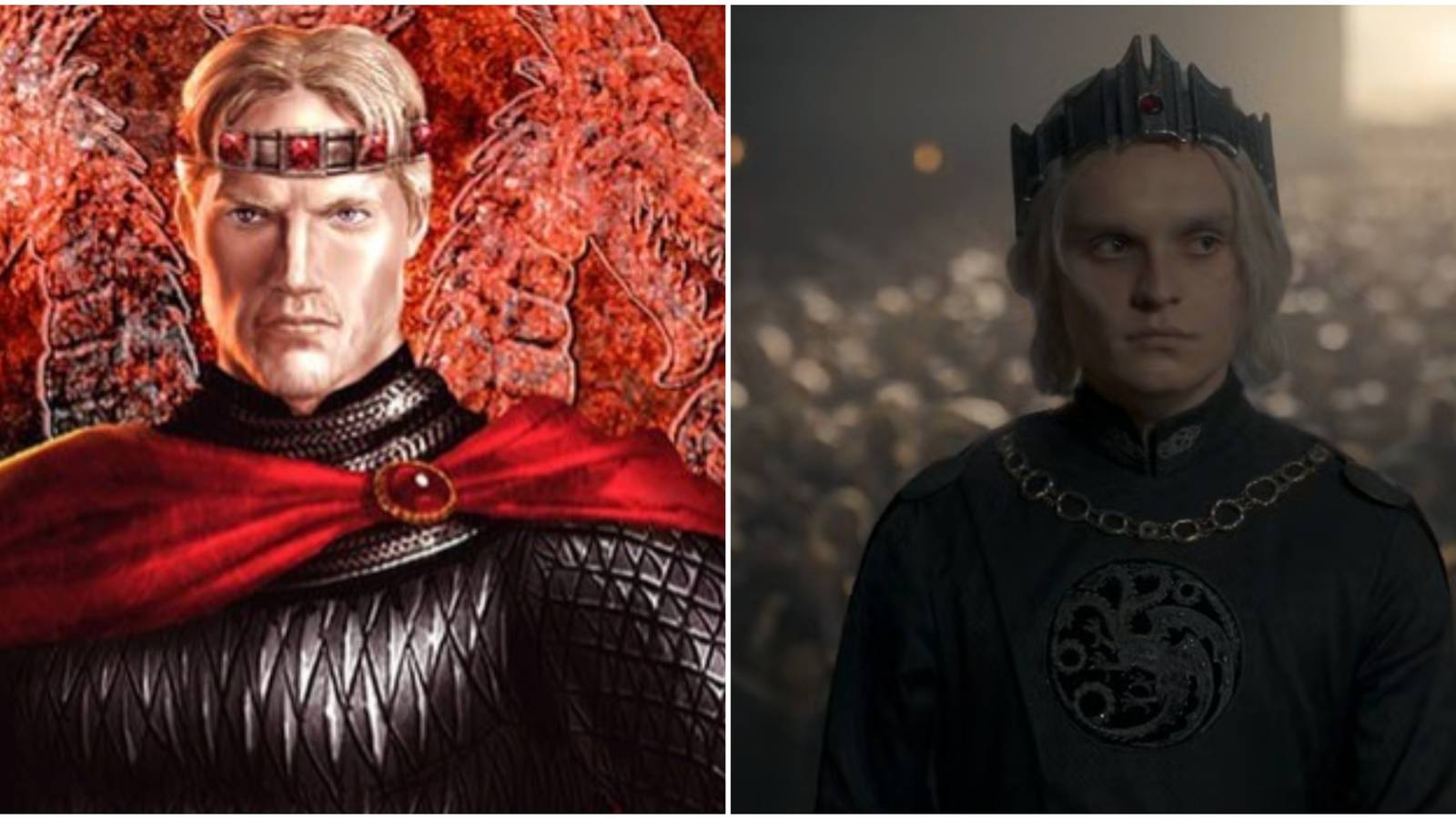 An illustration of Aegon I wearing his crown and Aegon II at his coronation in House of the Dragon.