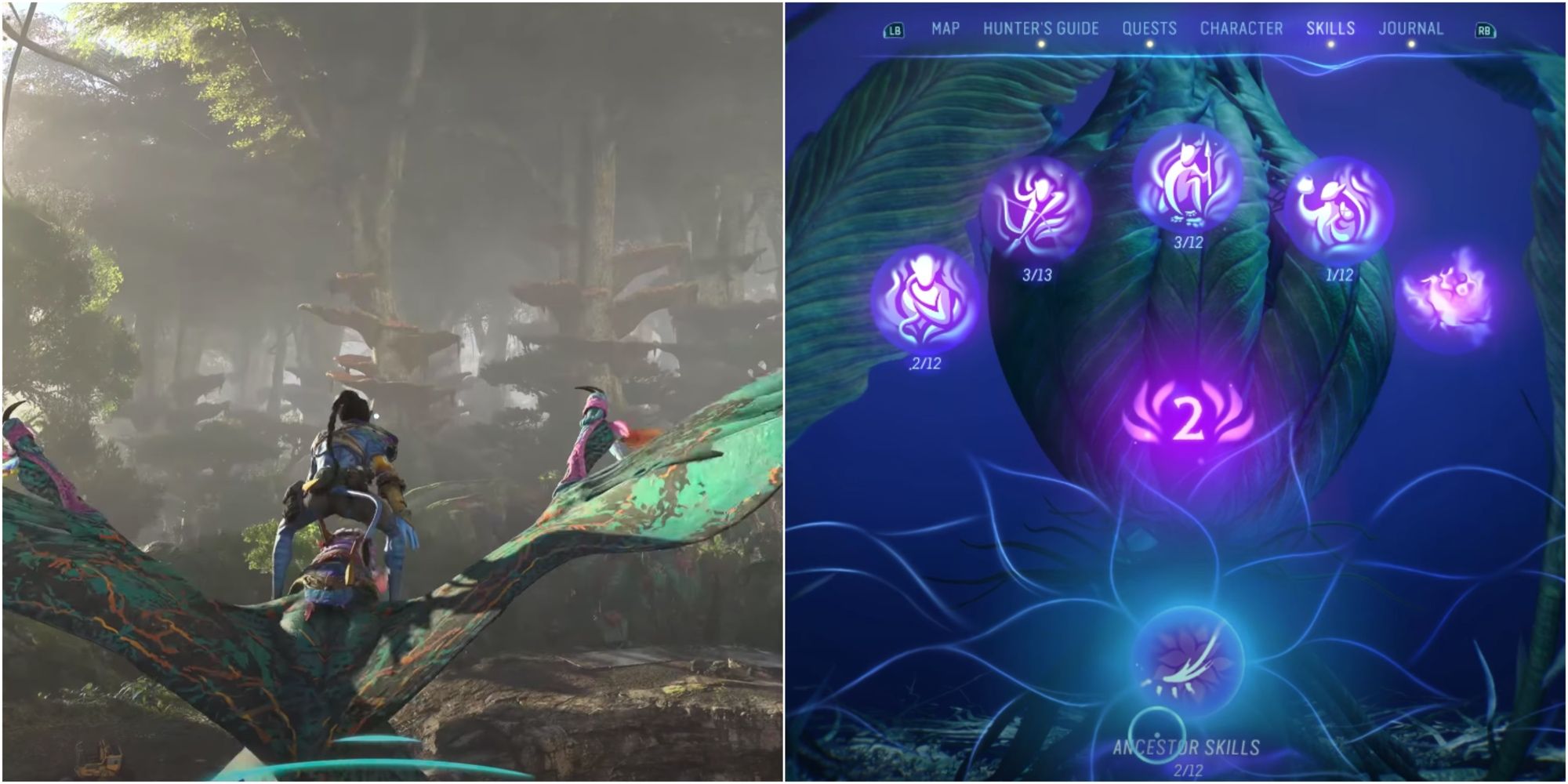 Na'avi riding an Ikan and the skill tree from Avatar Frontiers Of Pandora