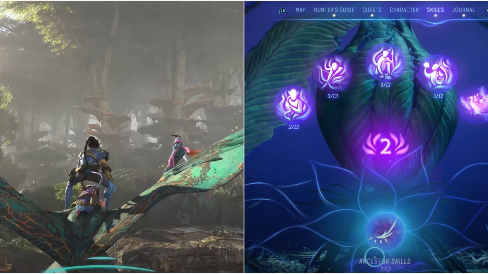 Na'avi riding an Ikan and the skill tree from Avatar Frontiers Of Pandora