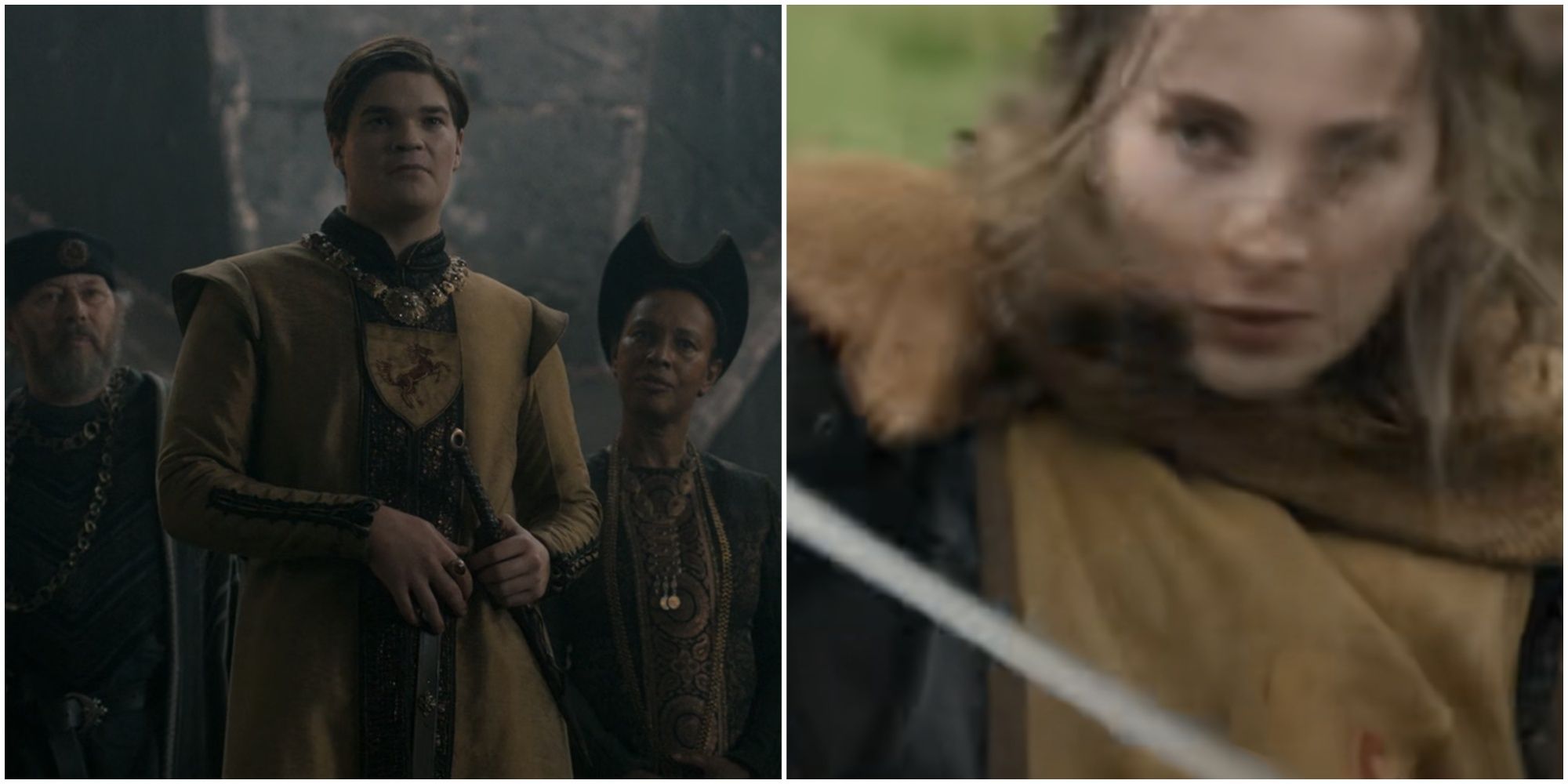 Split image of a member of House Bracken in House of the Dragon and a Bracken soldier in House of the Dragon season 2 teaser trailer.