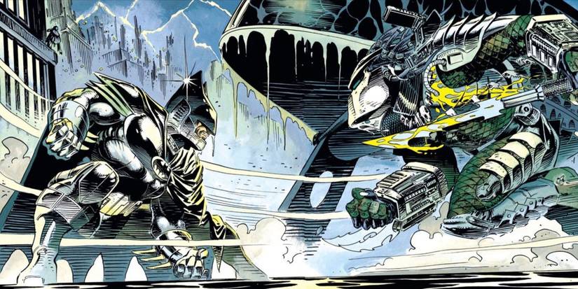 batman fighting predator in the snow