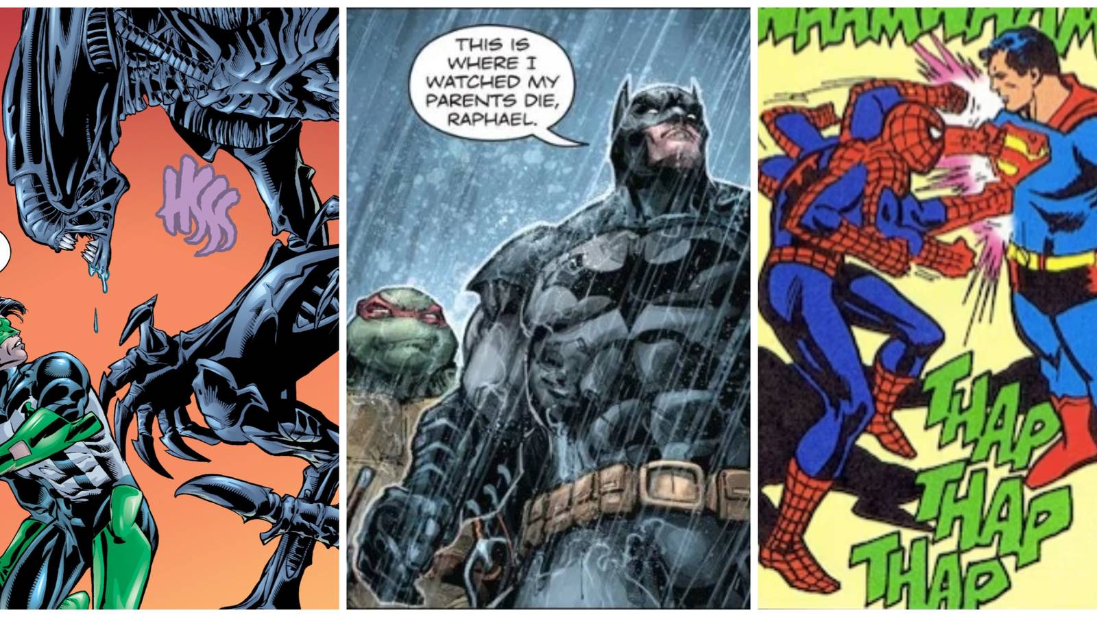 green lantern vs aliens, batman and teenage mutant ninja turtles, superman and spider-man