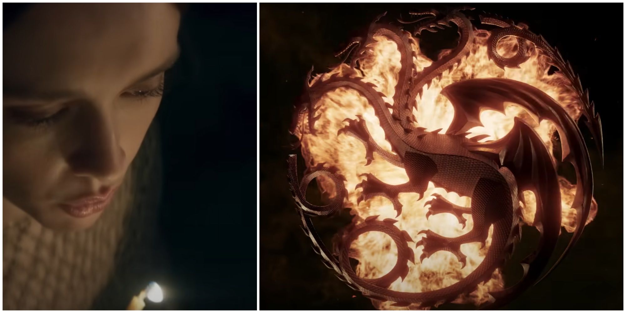 Split image of Alicent Hightower and the Targaryen sigil in House of the Dragon season 2 teaser trailer.