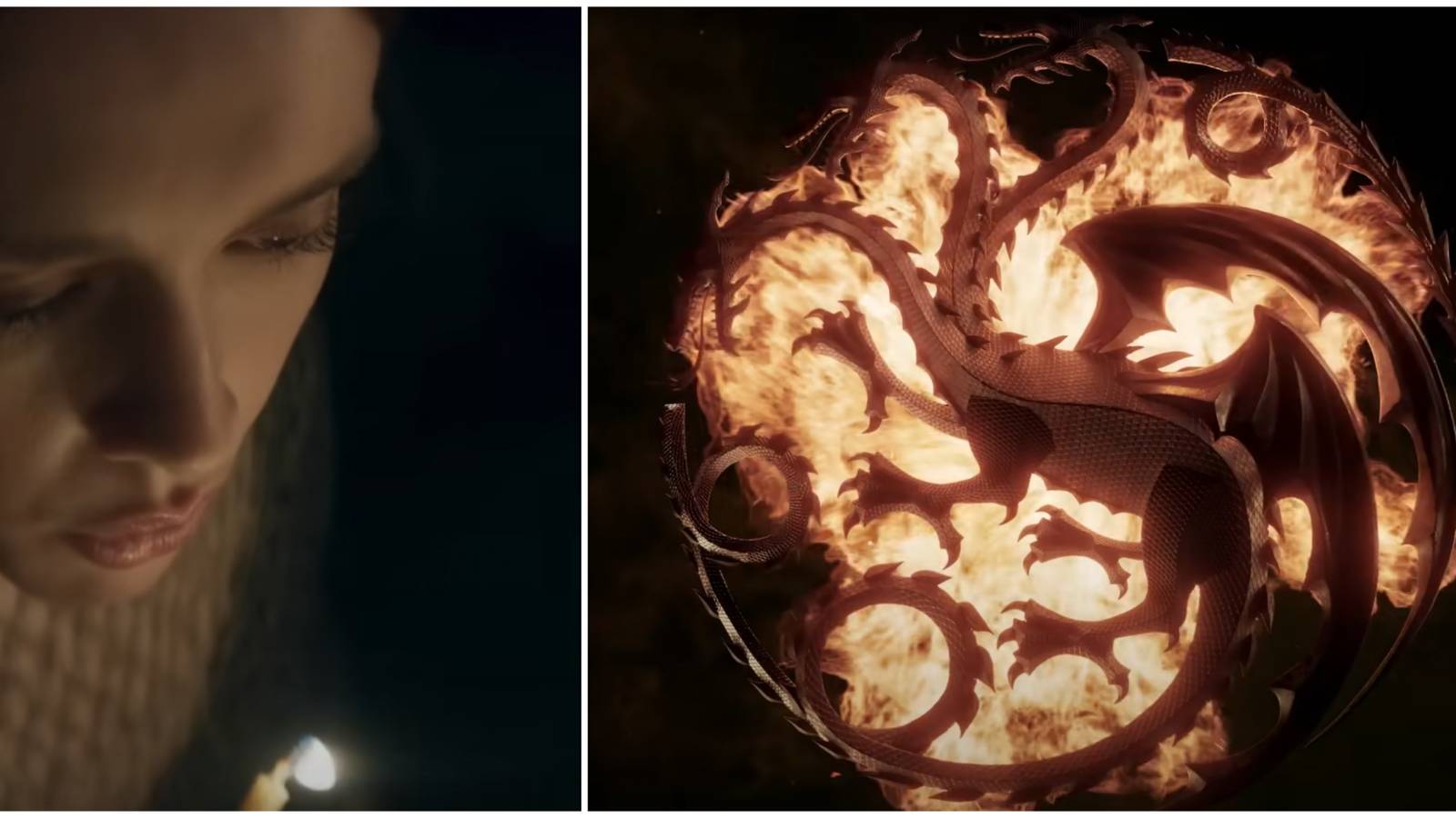 Split image of Alicent Hightower and the Targaryen sigil in House of the Dragon season 2 teaser trailer.