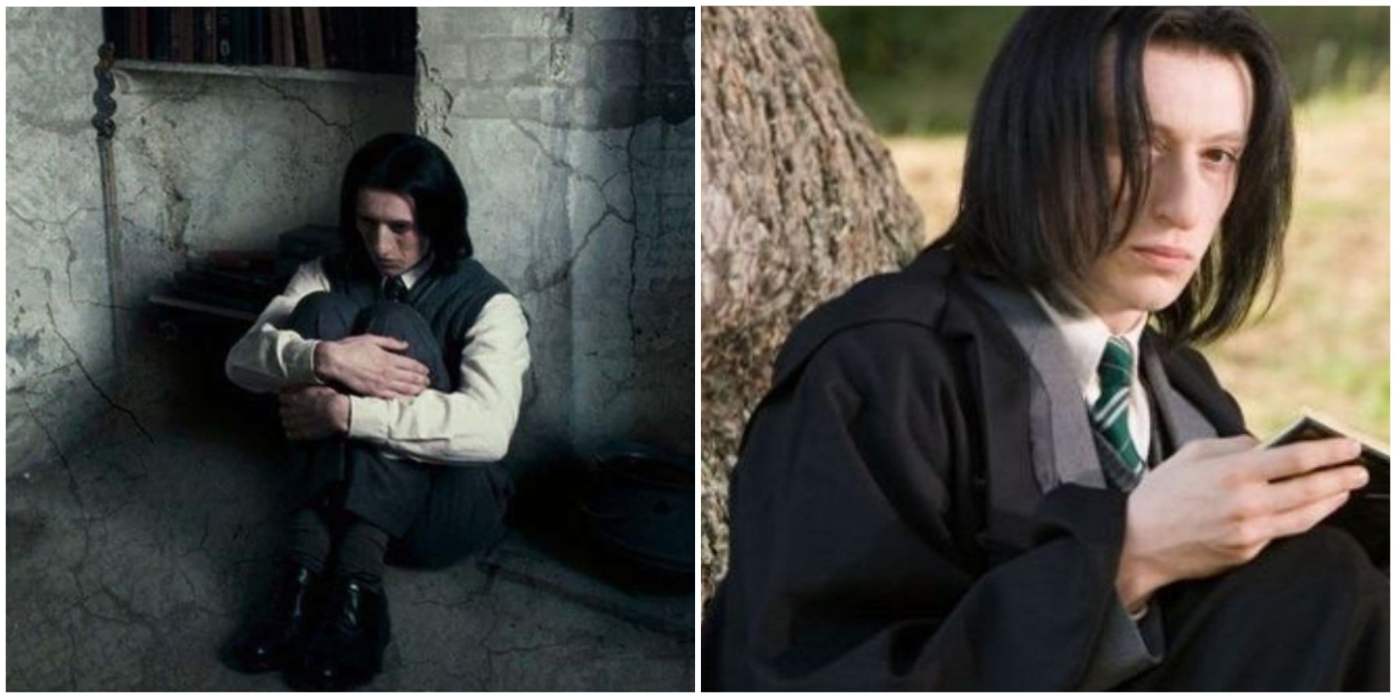 Split image of Snape as a Hogwarts student in Harry Potter.