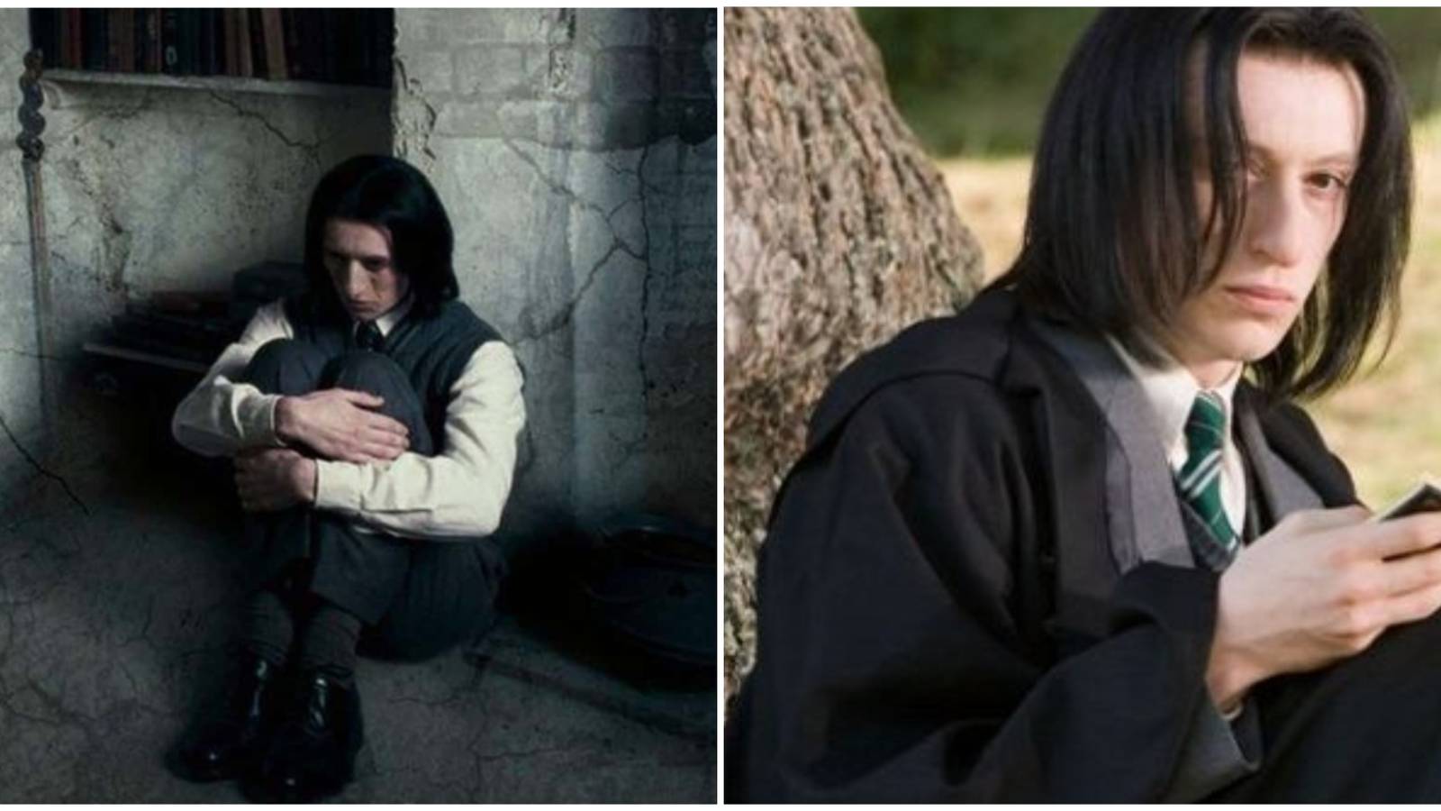 Split image of Snape as a Hogwarts student in Harry Potter.