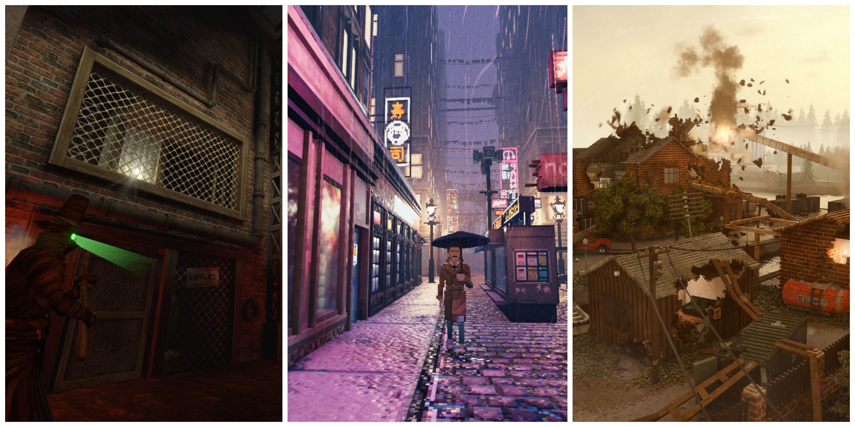 Best Indie Immersive Sims (Featured Image) - Gloomwood + Shadows Of Doubt + Teardown