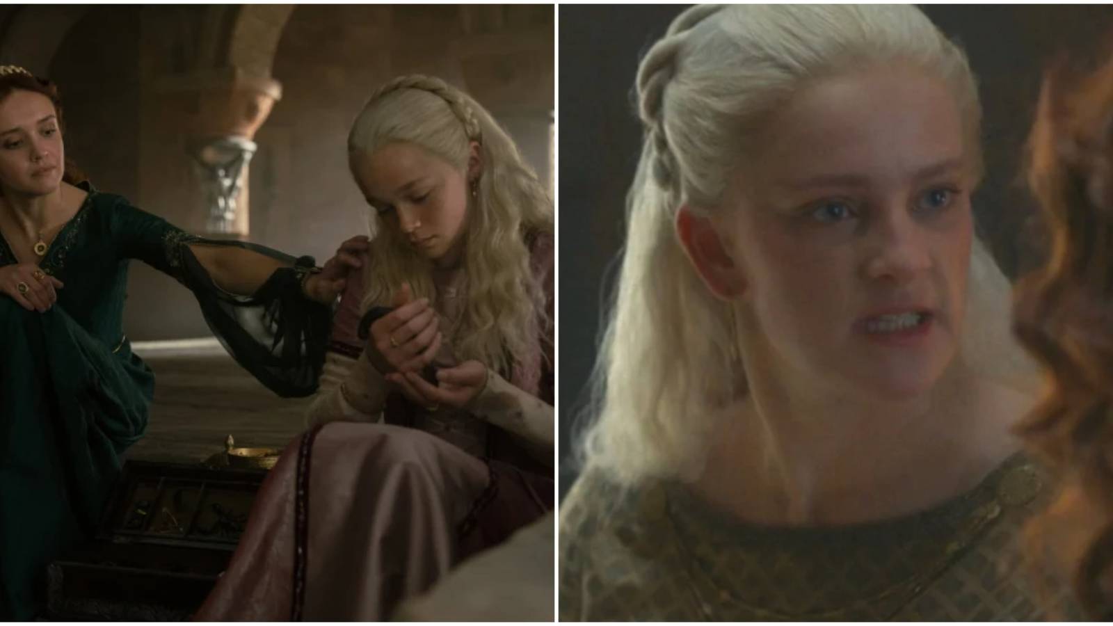 Split image of Alicent Hightower and Helaena Targaryen in House of the Dragon.