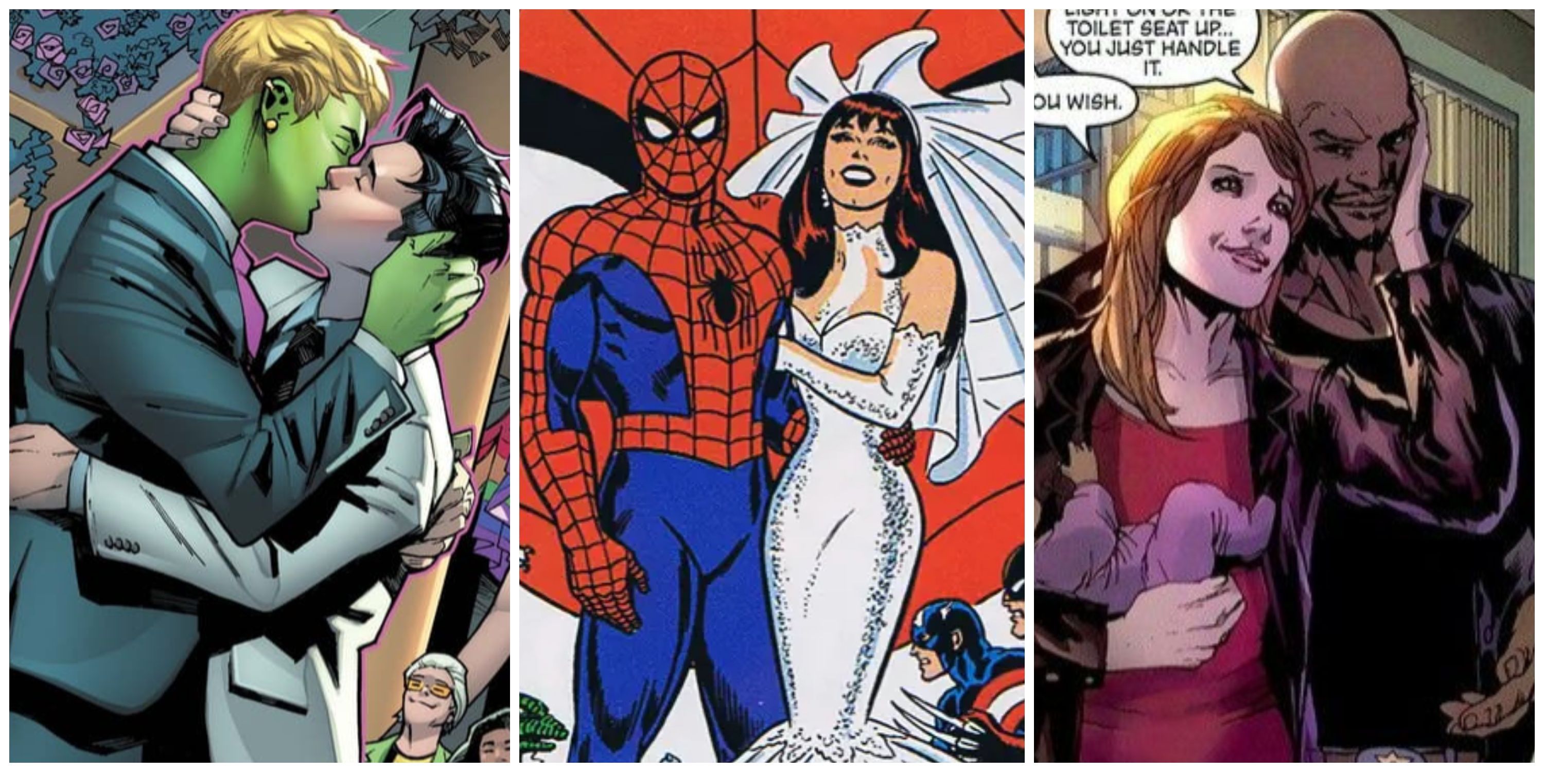wiccan and hulkling, spider-man and mary jane, luke cage and jessica jones