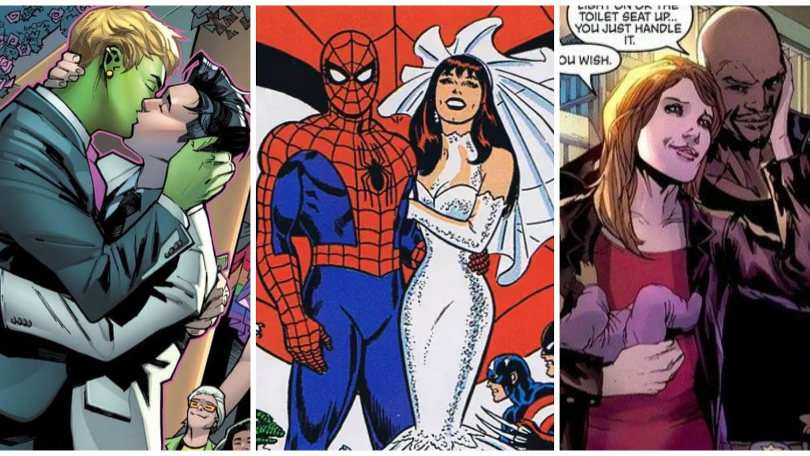 wiccan and hulkling, spider-man and mary jane, luke cage and jessica jones