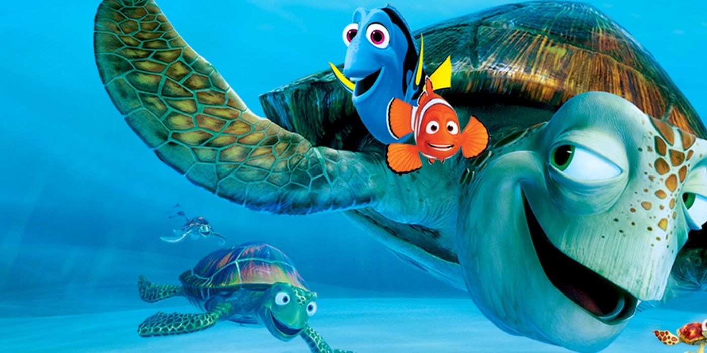 Marlin e Dory nadando com tartarugas