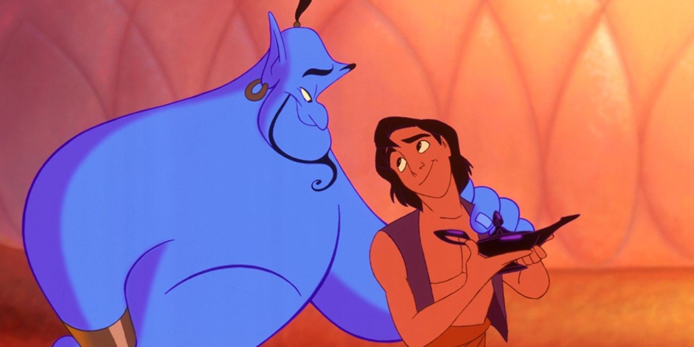 Aladdin e Genie compartilhando um momento de ternura