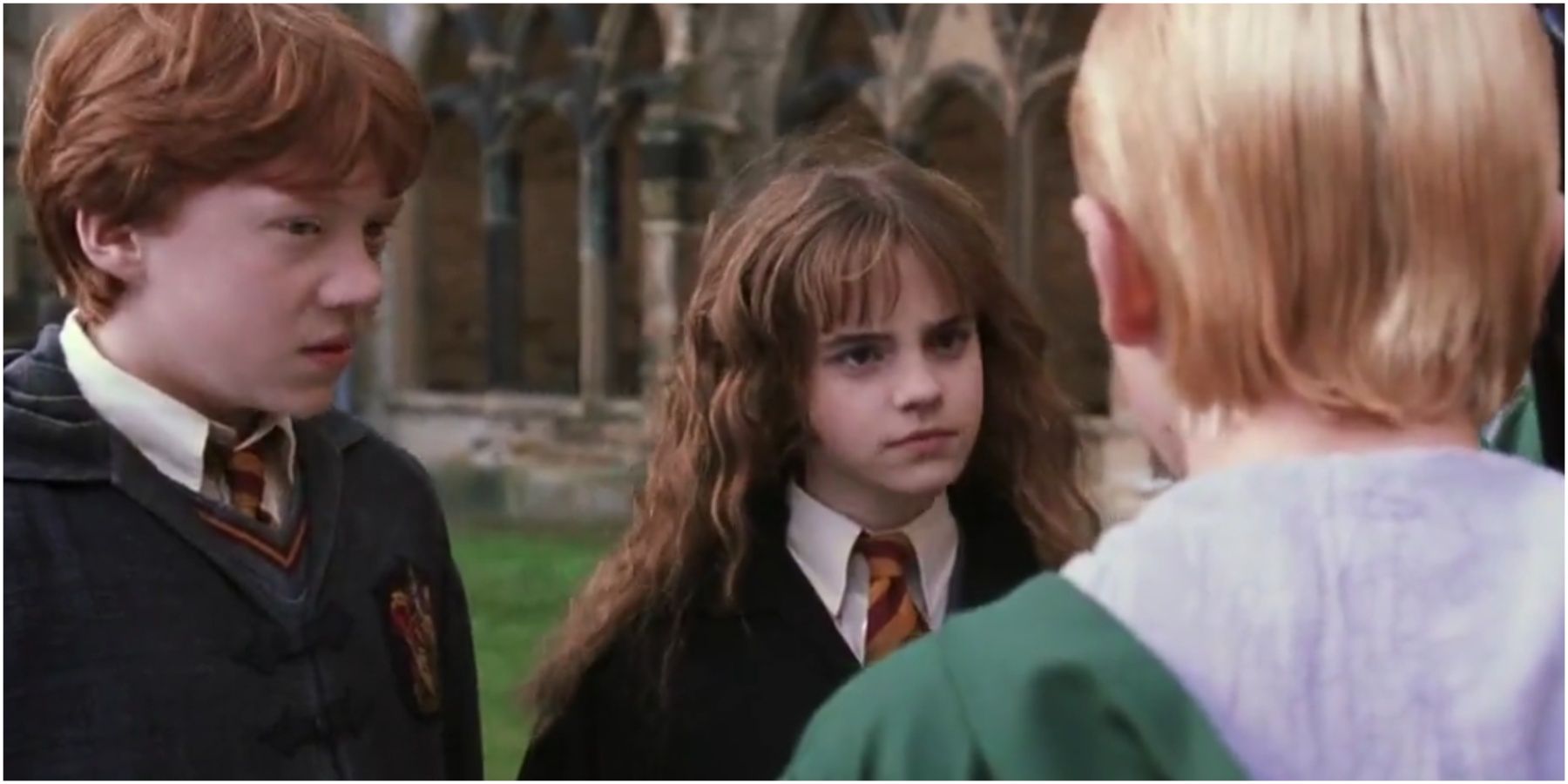 Ron Weasley and Hermione Granger talking to Draco Malfoy in Harry Potter and the Chamber of Secrets.