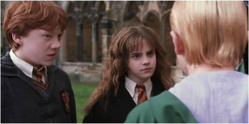 Ron Weasley and Hermione Granger talking to Draco Malfoy in Harry Potter and the Chamber of Secrets.