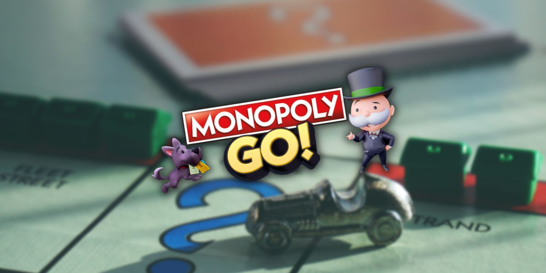 Milburn Pennybags and a dog standing beside a Monopoly GO logo