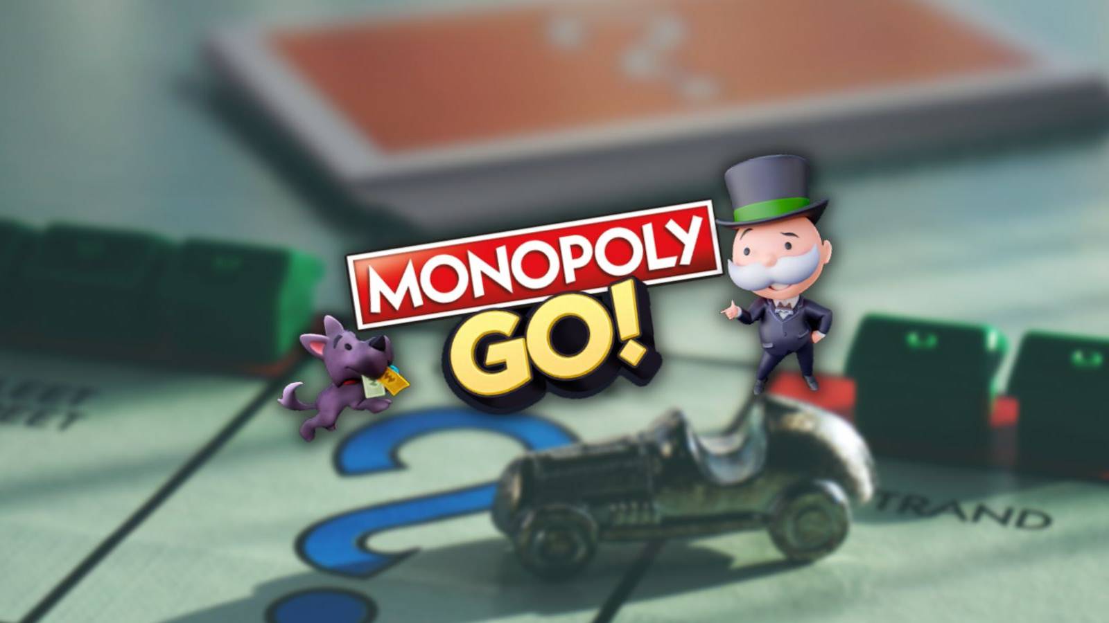 Milburn Pennybags and a dog standing beside a Monopoly GO logo