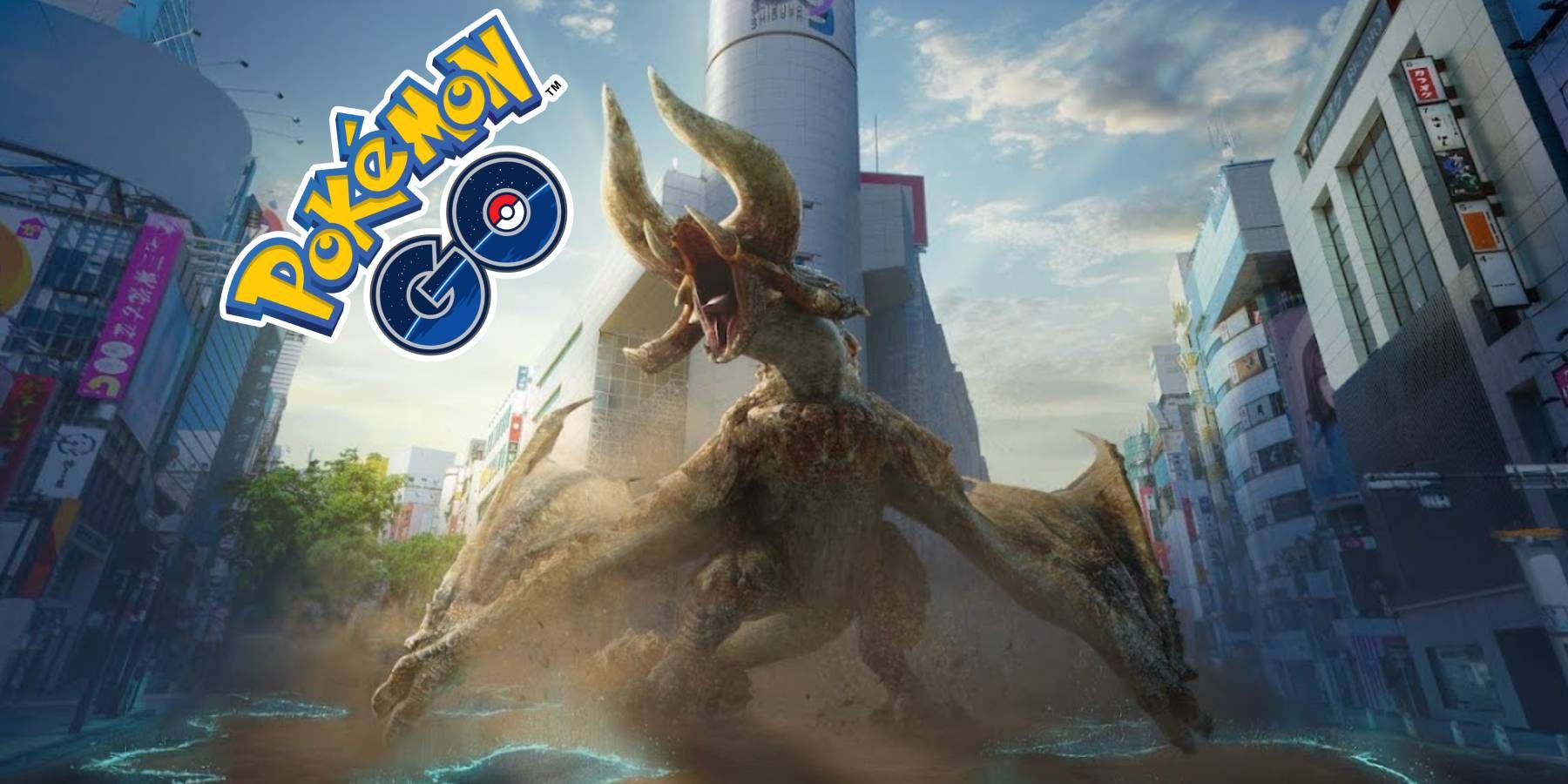 A Diablos from Monster hunter Now tossing Pokemon GO's logo to the side