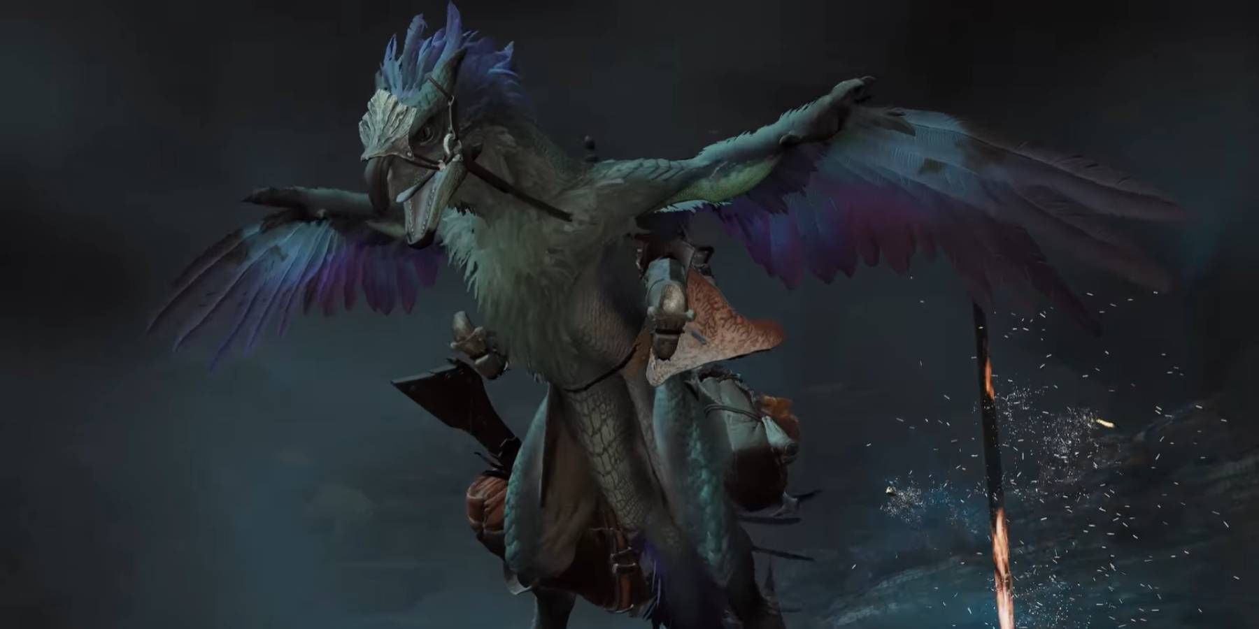 A montaria do jogador voando no trailer de revelação de Monster Hunter Wilds