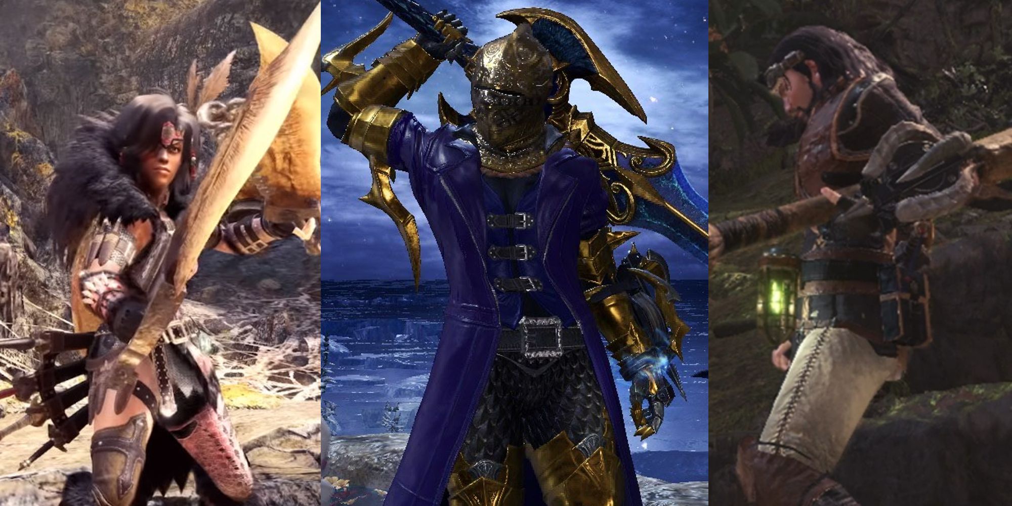 A Sword and Shield user; a golden Armor set in MHW: Iceborne; An Insect Glaive user