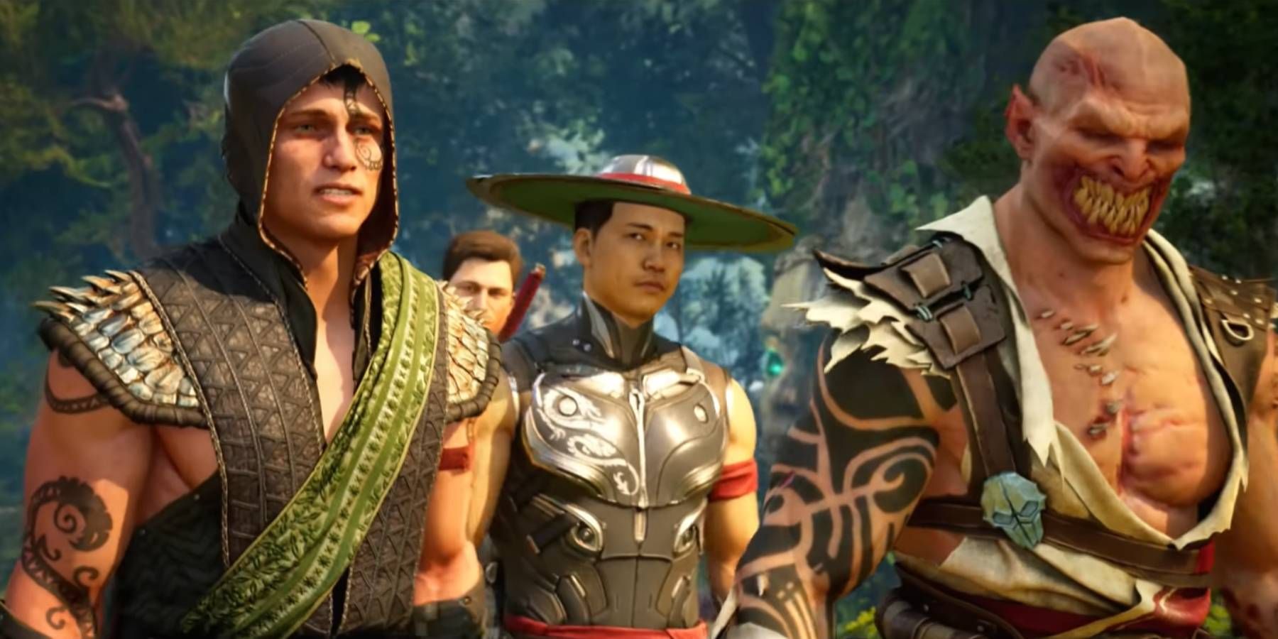 Reptile, Johnny Cage, Kung Lao, and Baraka walking in the Living Forest in Mortal Kombat 1