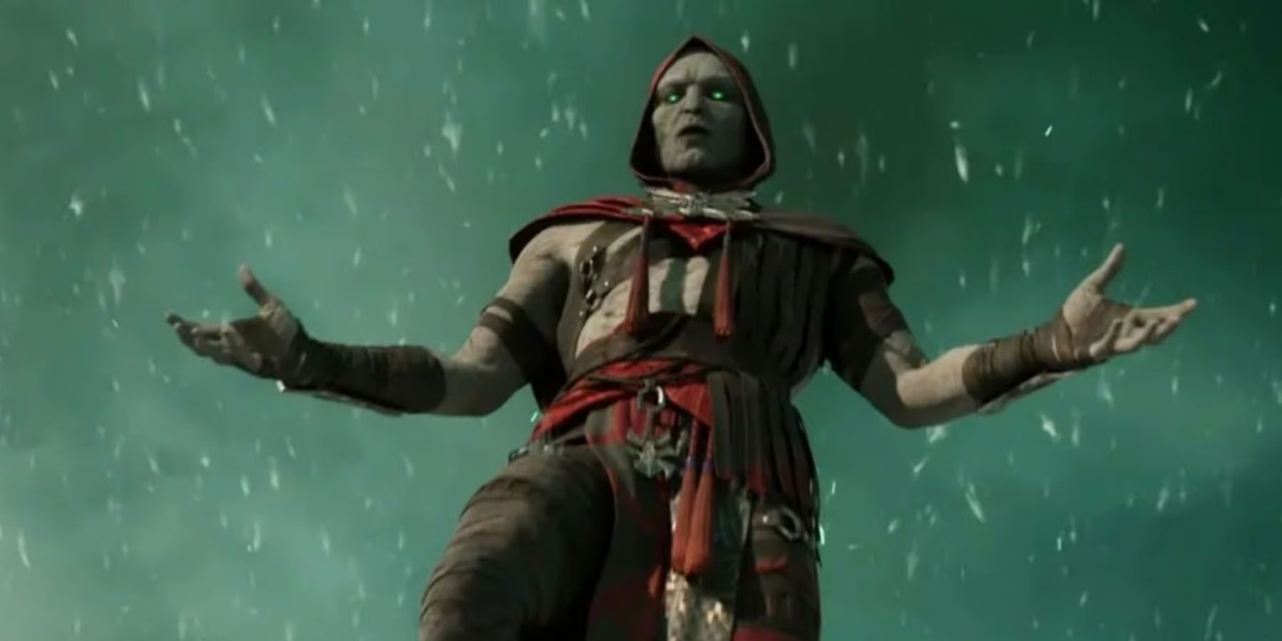 A screenshot of Ermac standing above an opponet in Mortal Kombat 1.