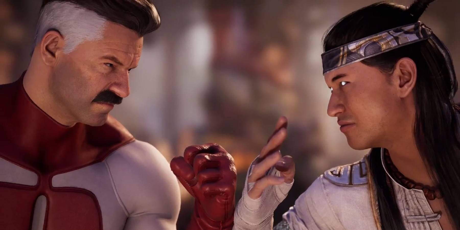 Omni-Man and Liu Kang facing off before a fight in Mortal Kombat 1